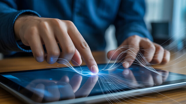 Man's hand interacts with digital tablet data network