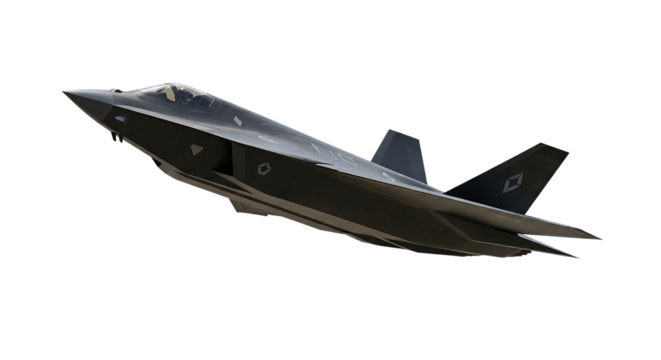 Stealth fighter jet with angular design and diamond insignia in flight isolated on a transparent background