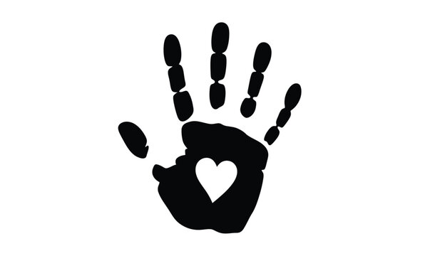 Black handprint with heart shape silhouette symbolizing love care and childhood isolated on white background perfect for graphic design and creative projects silhouette