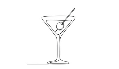 Elegant martini glass with olive one line drawing minimalist cocktail illustration in black and white silhouette
