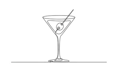 Elegant martini glass with olive and straw single line drawing style minimalist cocktail illustration for bar or restaurant menu design silhouette