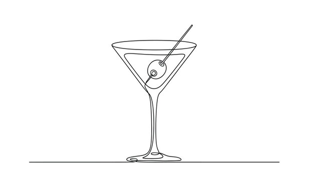 Elegant martini glass with olive and straw single line drawing style minimalist cocktail illustration for bar or restaurant menu design silhouette - Powered by Adobe