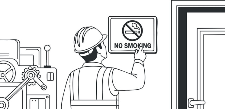 A construction worker wearing a helmet pointing at a no smoking sign in black and white outline vector style, suitable for workplace safety materials