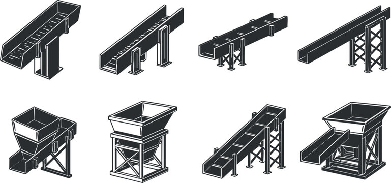 A set of industrial hoppers and conveyors in black and white outline vector style, suitable for engineering and construction projects
