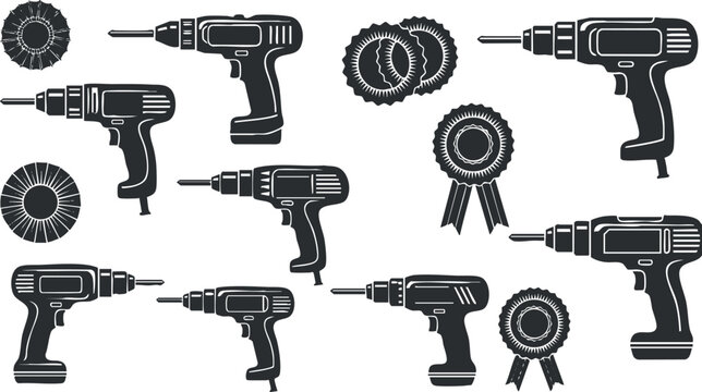 A set of black and white vector illustrations of various drills and award ribbons, ideal for construction and tools branding