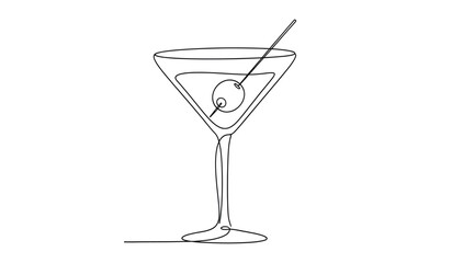 Elegant martini glass with olive and swizzle stick in silhouette style a minimalist line art illustration for bar and cocktail designs silhouette