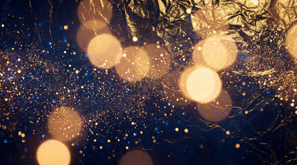 Abstract dark blue background with flowing gold particles, light bokeh, and crumpled gold foil texture