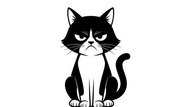 Grumpy black and white cat illustration cartoon character with angry expression isolated on white ba