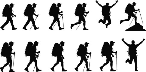 Hiker silhouette vector set, backpacker walking and jumping with trekking poles, outdoor adventure people collection, camping travel illustration