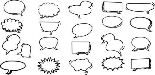 Fototapeta premium Speech bubble doodle talk set. Hand drawn comic doodle style dialog balloon, thought cloud speech bubble element pack. Cartoons speak elements on a blackboard background. Vector illustration