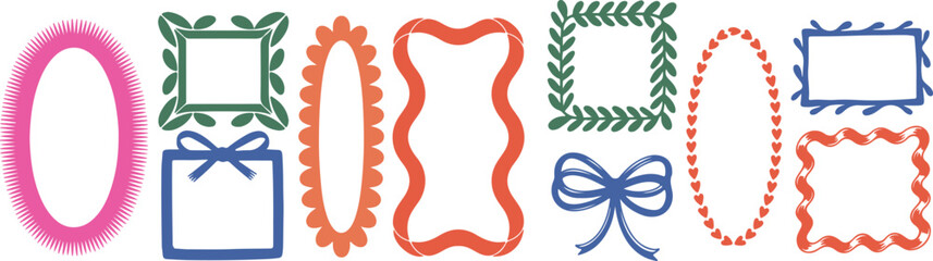 Whimsical crayon-style coquette frames with bows, hearts & leafy borders — playful modern decoration for weddings, bachelorette parties & girly designs