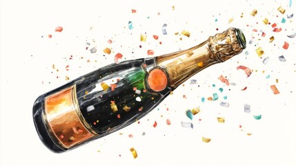 A champagne bottle with confetti, symbolizing celebration and joy, is depicted in a vibrant, artistic style.