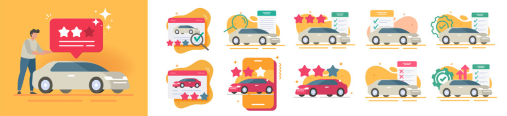 Car auto rating review inspection icon set vector modern illustration graphic design, vehicle performance or technical history report, automobile insurance score stars, maintenance evaluate assessment
