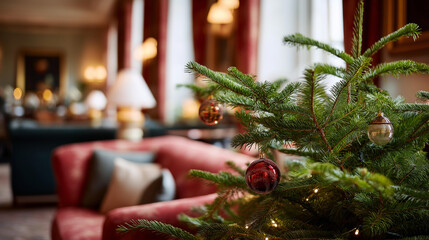 Beautiful festively decorated room with Christmas tree faceless cozy living room in red tones defocused stylish classic decor background traditional Christmas interior