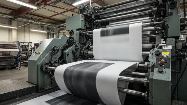 Large industrial printing press with rolls of paper in motion, creating printed materials