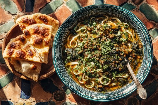 Bowl of Aush Reshteh with noodles, lentils, and greens alongside naan bread. Concept of colorful presentation on textured stone surface, highlighting noodle soup, vegetable, lentil, cooked.