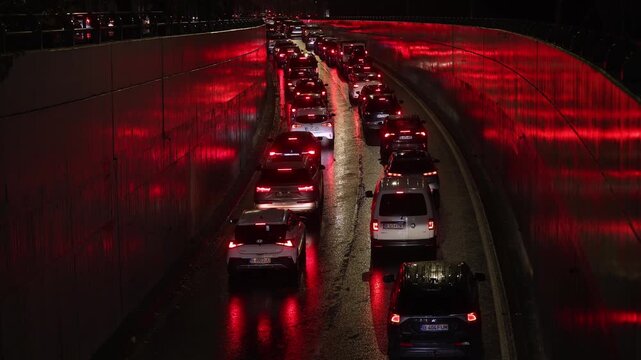 Night scene with hellish traffic jam on a rainy autumn day in Bucharest.