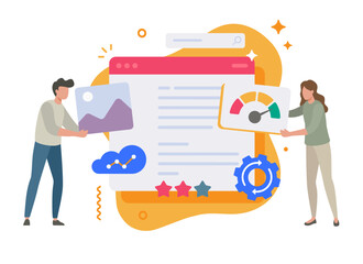 People building website icon vector, man woman persons building web site page interface modern graphic design illustration, human teamwork internet webpage creation construction concept image