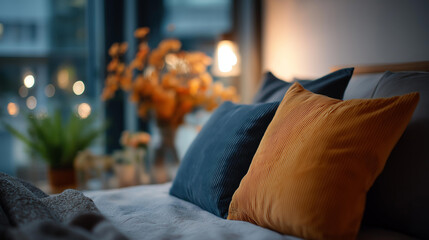 Obraz premium Stylish spring bedroom interior faceless cozy house space defocused modern decor background contemporary bedroom design comfortable residential styling bright airy