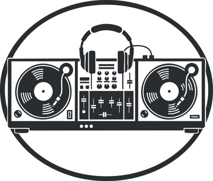 A DJ equipment setup featuring turntables and headphones in black and white geometric vector style, ideal for music events and branding