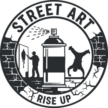 A street art logo featuring a spray can, an artist painting, and a dancer performing a handstand in black and white vector style, perfect for urban culture projects