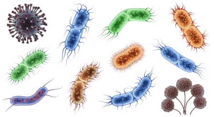 Collection of Diverse Microscopic Organisms Including Bacteria Viruses and Fungi, cutout, PNG isolated on white or transparent background