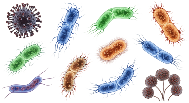 Collection of Diverse Microscopic Organisms Including Bacteria Viruses and Fungi, cutout, PNG isolated on white or transparent background