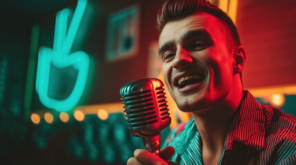 Retro Singer Performing in Neon Nightclub