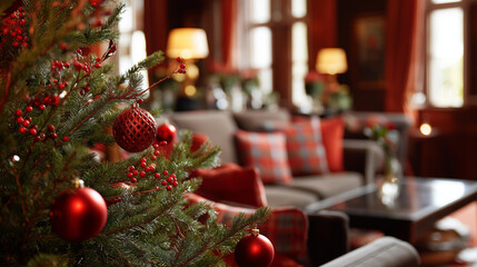 Beautiful festively decorated room with Christmas tree faceless cozy living room in red tones defocused stylish classic decor background traditional Christmas interior