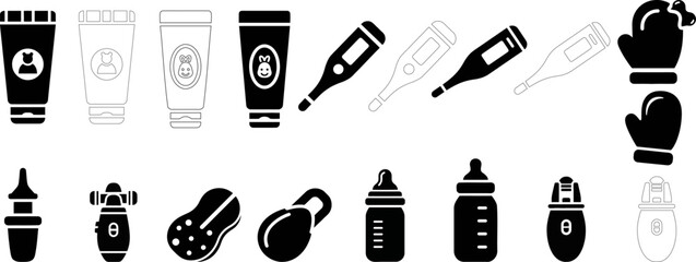 Baby care icons set &ndash; baby cream, thermometer, bottle, mittens, nasal aspirator, sponge, nail trimmer &ndash; solid and outline vector