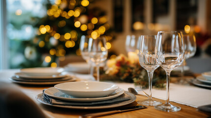 Christmas dinner beautifully set table in house faceless festive dining setup defocused Christmas tree background holiday meal preparation seasonal table setting family