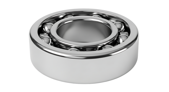 Close-up view of a silver and white ball bearing, visible rolling balls, cutout, PNG isolated on white or transparent background