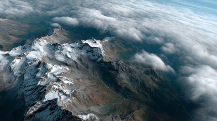High altitude view of snow-capped peaks.