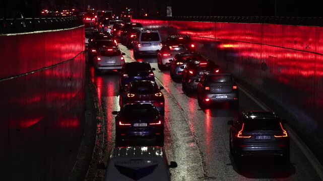 Night scene with hellish traffic jam on a rainy autumn day in Bucharest.