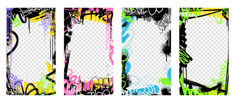 Grunge color frame templates with scribbles, aerosol paint, and ink drips. Set of graffiti spray art layout backgrounds with abstract street art elements on a transparent background.
