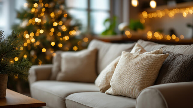 Homely and cozy Christmas interior of living room faceless inviting holiday space defocused beige sofa and Christmas tree background warm festive setting comfortable seasonal
