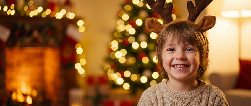 Christmas joy of a child: a smiling child wearing festive reindeer antlers radiates pure joy, set against a backdrop of a warm fireplace and illuminated Christmas tree. Christmas banner