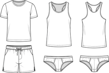 Men's underwear and lounge set technical drawing, vector t-shirt, tank top, shorts and briefs flat sketch apparel template © Vector Sifat