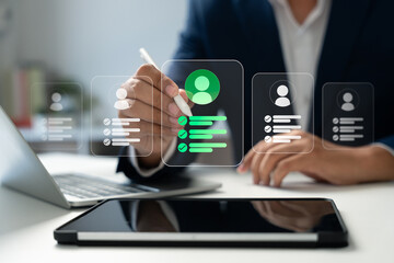 Human resource management technology (HR), Human resource manager touching human resource network...