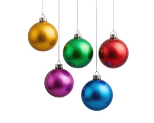 Five colorful christmas ornaments hanging isolated on transparent background