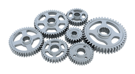 Collection of interlocking metal gears, silver finish and intricate teeth, cutout, PNG isolated on white or transparent background