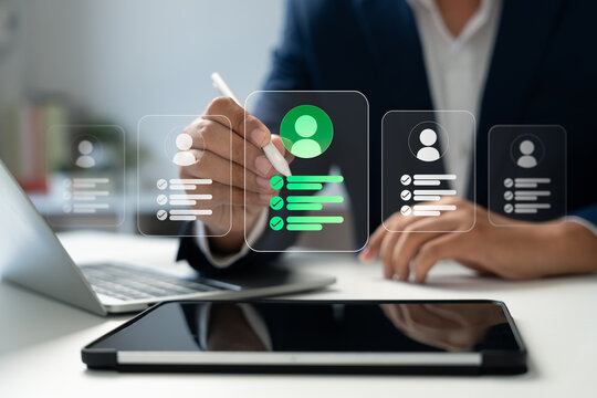 Human resource management technology (HR), Human resource manager touching human resource network structure and checks the CV online to choose the perfect employee for company, Effective recruitment.