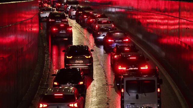 Night scene with hellish traffic jam on a rainy autumn day in Bucharest.