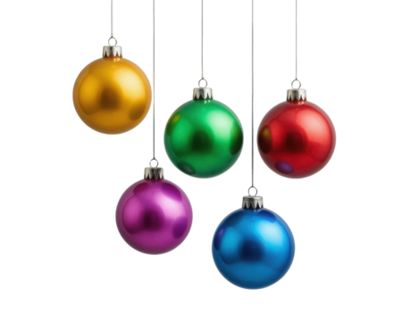 Five colorful christmas ornaments hanging isolated on transparent background
