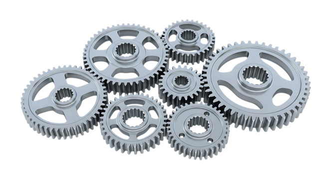 Collection of interlocking metal gears, silver finish and intricate teeth, cutout, PNG isolated on white or transparent background