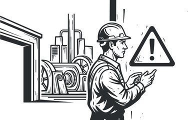 An engineer inspecting machinery with a warning sign in black and white vector style, suitable for safety training materials