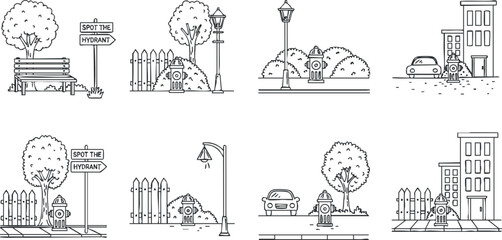 Obraz premium A playful set of illustrations featuring various urban scenes with hydrants, trees, cars, and benches in black and white minimalist vector style, ideal for educational or entertainment purposes