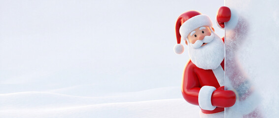 Santa peeks around a snow-covered scene, embodying the spirit of anticipation and wonder.  Christmas banner
