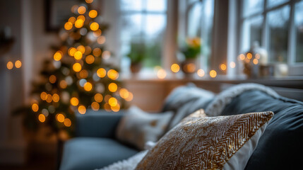 Fototapeta premium Christmas home interior with Christmas tree and sofa faceless cozy living space defocused festive background with warm lighting holiday season decoration comfortable winter