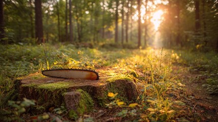 Chainsaw bar rests upon a mossy tree stump within a sunlit forest clearing.